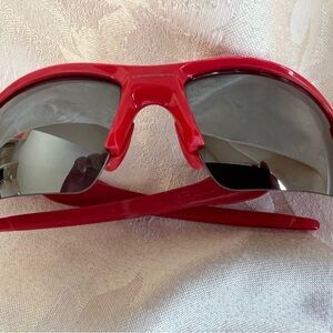 Oakley Red and Black Sporty Sunglasses with Wraparound Design